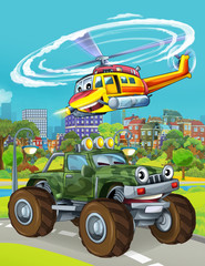 Obraz na płótnie Canvas cartoon scene with military army car vehicle on the road and rescue or fireman helicopter flying over - illustration for children