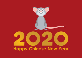 Chinese New Year 2020 year of the rat vector. 2020 Chinese New Year sign on a red background. Adorable rat cartoon character. Cheerful mouse cartoon character. Cute gray mouse icon. Cute rat vector