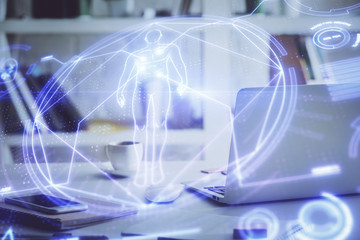 Desktop computer background and education theme drawing. Double exposure. Study concept.