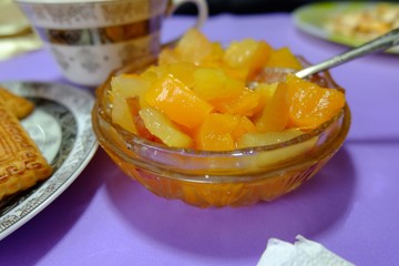 Homemade pumpkin jam with apples. A delicious treat with coffee. Pumpkin seeds.