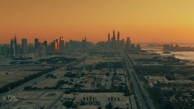 Aerial view of coastal area of Dubai in the evening, United Arab Emirates