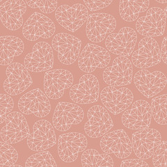 Cute gentle seamless pattern. White hearts on a coral background. Low poly style.