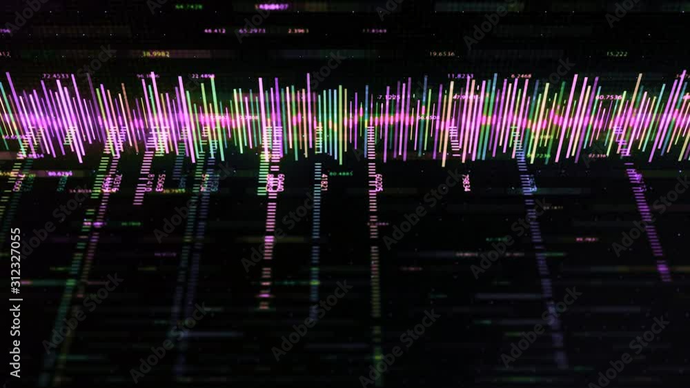 Poster Color business equalizer with numbers on black background. Animation. Music computer track with numbers or chart for business statistics. Horizontal equalizer with chaotic strokes