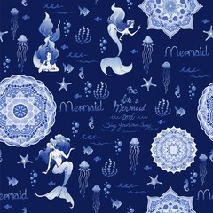 Cotton fabric Mermaid and Mandala with undersea life illustration doodle seamless pattern vector with Porcelain blue color concept background