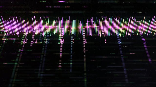 Color business equalizer with numbers on black background. Animation. Music computer track with numbers or chart for business statistics. Horizontal equalizer with chaotic strokes