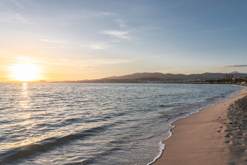 Palma city, in Majorca, Spain. Beautiful promenade landscape at sunset, from the empty beach near Portitxol called Can Pere Antoni © Miguel