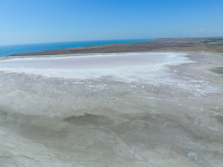 Saline Salt Lake in the Azov Sea coast. Former estuary. View from above. Dry lake. View of the salt lake with a bird's eye view