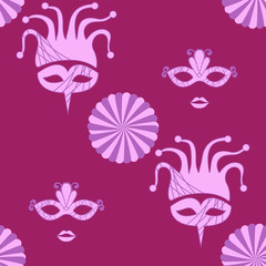 Seamless background carnival mask female and male jester on crimson background. Vector image