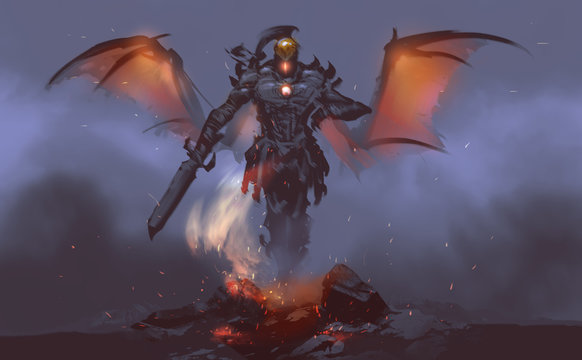 Digital illustration painting design style a god of fire summoning from lava against mist.