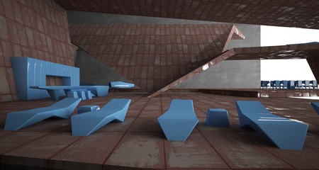 Fototapeta premium Abstract architectural concrete and rusted metal interior of a minimalist house with swimming pool and large window. 3D illustration and rendering.