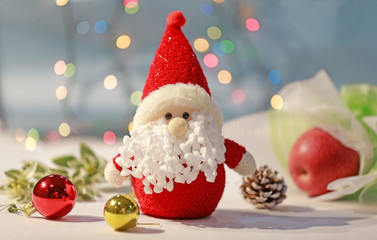 Santa Claus and lights in the background