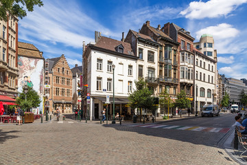 Brussels, Belgium. Beautiful buildings at the crossroads of Lombardstraat and Marche au Charbon