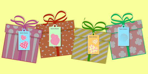 best choice. set design elements. gift boxes set in cartoon style vector illustration.