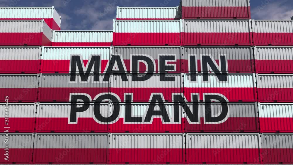 Poster many containers with made in poland text and national flags. polish import or export related 3d anim