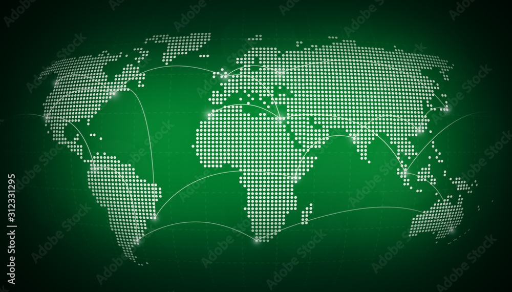 Poster dotted world map with curving lines or flight paths connecting highlighted cities. blurred dark gree