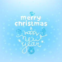 Christmas card with lettering inscription. Logo and snowflakes