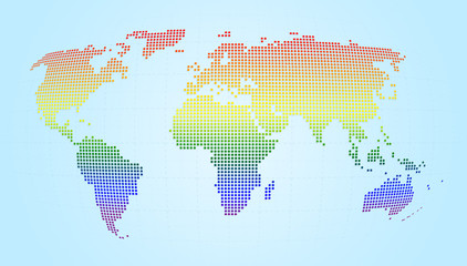 Dotted world map with smooth color gradient on light blue background. LGBT movement's rainbow flag's colors. High resolution concept illustration.