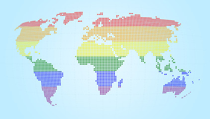 Dotted world map with LGBT movement's rainbow flag's colors on light blue background.  High resolution concept illustration.