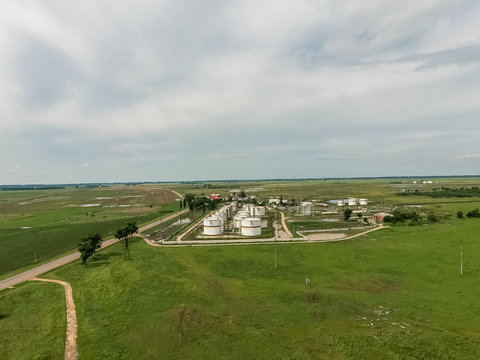 Aerial view of oil storage tanks