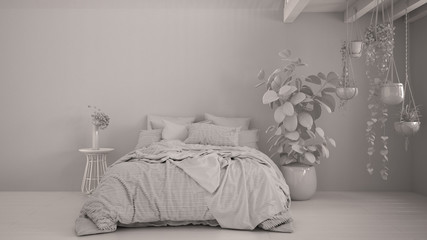 Total white project draft, contemporary bedroom close up, parquet floor, wooden loft. Soft bed with pillows, blanket and duvet, bedside table, flowers, potted plants. Interior design