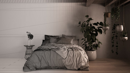 Architect interior designer concept: unfinished project that becomes real, contemporary bedroom close up, parquet floor, wooden loft. Bed, pillows, blanket and duvet, potted plants