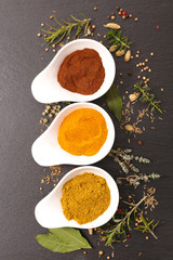 assorted of herbs and spices on blackboard