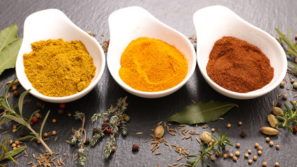 assorted of herbs and spices on blackboard