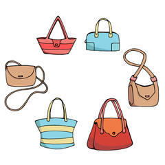 Set of six multi-colored women's bags on white background. Various handbags isolated on white