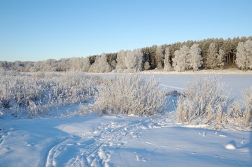 Winter landscape with a view of the snow-covered Bank of the Skorogodayka river in the Moscow region