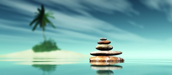 Pyramid of stones above the water on the beach, 3D rendering.