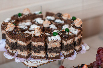 Delicious vegan chocolate cake pieces. Copy space for your text