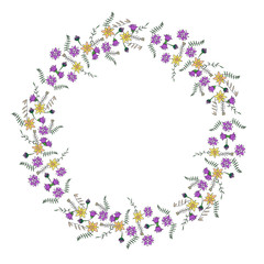 Round frame made of flowers and herbs. Romantic floral wreath on white background. Festive floral circle for your design