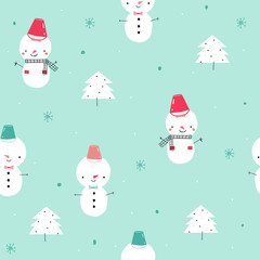 Seamless pattern with funny snowman. Winter hand drawn print. Vector illustration.