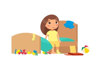 Upset kid in messy bedroom flat vector illustration. Little girl in dirty apartment cartoon character. Unhappy child in unkempt room isolated on white background. House chores, cleanup