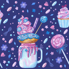 Sweets and yummies hand drawn seamless pattern. Cakes, cupcakes, lollipops and candy canes color drawing. Sweet-stuff, confection texture. Textile, wallpaper, wrapping paper design