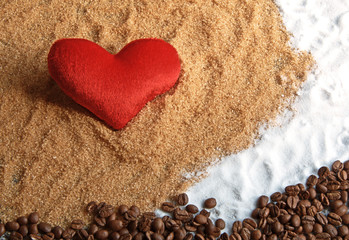 heart with brown sugar white sugar and coffee bean with space