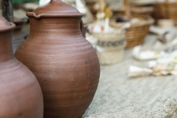 Fototapeta na wymiar clay jugs pair large brown Kraft copy space pottery art base