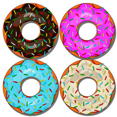 Donuts with chocolate icing. Glazed colored donut with icing sprinkles. Background for cafes, restaurants, coffee shops. Design texture for menu, booklet, banner, website. Vector illustration.