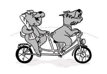 Two cheerful dogs on a tandem bike ride with a baguette.
