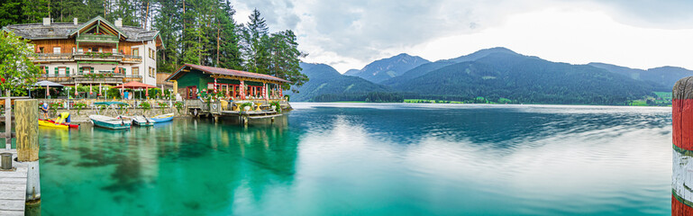 Panoramic view over lake Weissensee in Austria in summer during daytime