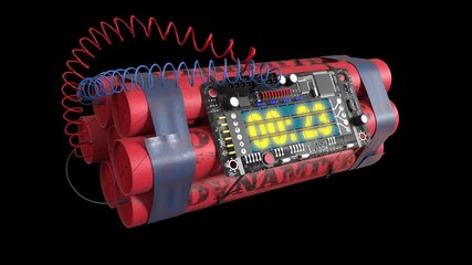 WireBomb1 Dynamite with Clock Timer Alpha Matte Explosion 3D Rendering Animation