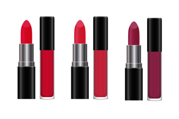 Obraz premium Spilled colorful lip gloss with applicators background. Makeup cosmetic products. Set of color lipsticks. Pink, red, brown and purple lipstick heads. Liquid matte lipstick palette. Vector illustration