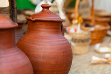 Fototapeta na wymiar asia brown jug handmade manufacture natural copy space country style