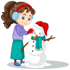 Girl making snowman on isolated background