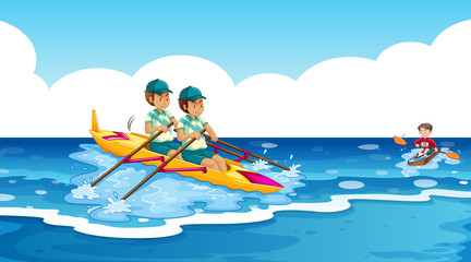 Background scene with athletes canoeing in the ocean