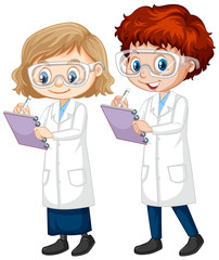 Fototapeta premium Boy and girl in science gown on isolated background