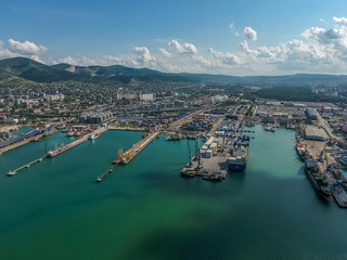 Obraz premium Industrial seaport, top view. Port cranes and cargo ships and barges.