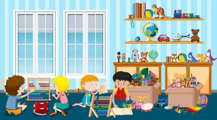 Scene with many kids playing toys in the room