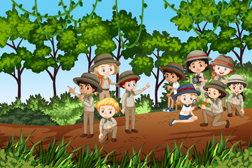 Scene with many kids hiking up the mountain