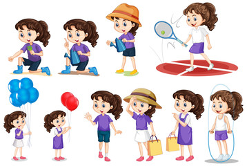 Set of girl doing different activities on isolated background